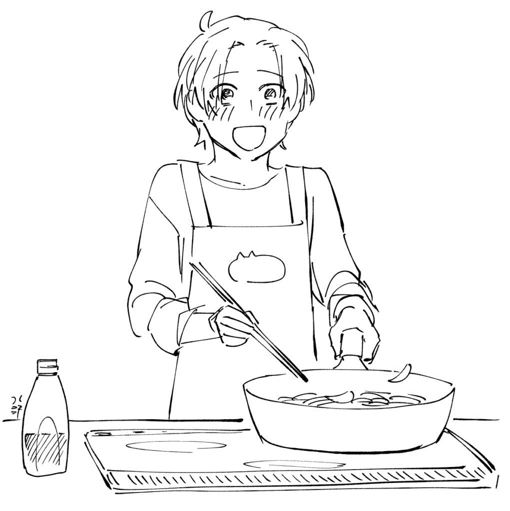 大きなフライパンで焼きそばを作るカイル