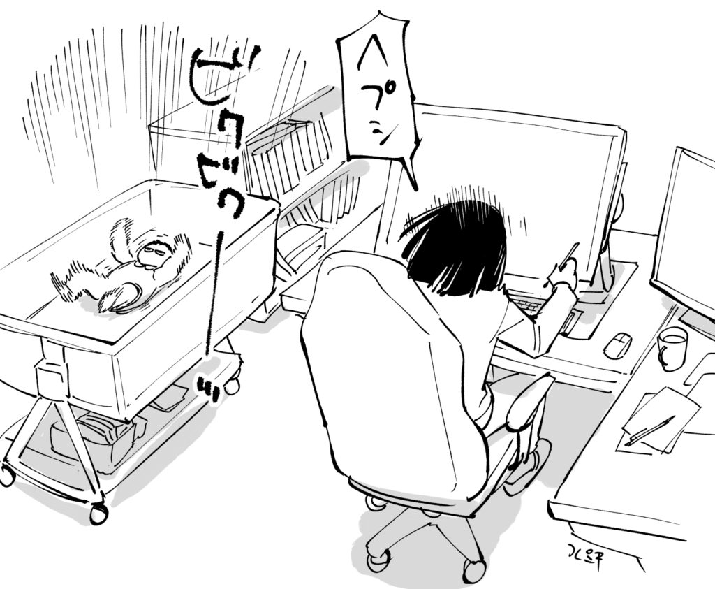 仕事中くしゃみをする少佐、隣のベビーベッドでくしゃみに反応してバタバタする赤ちゃん。