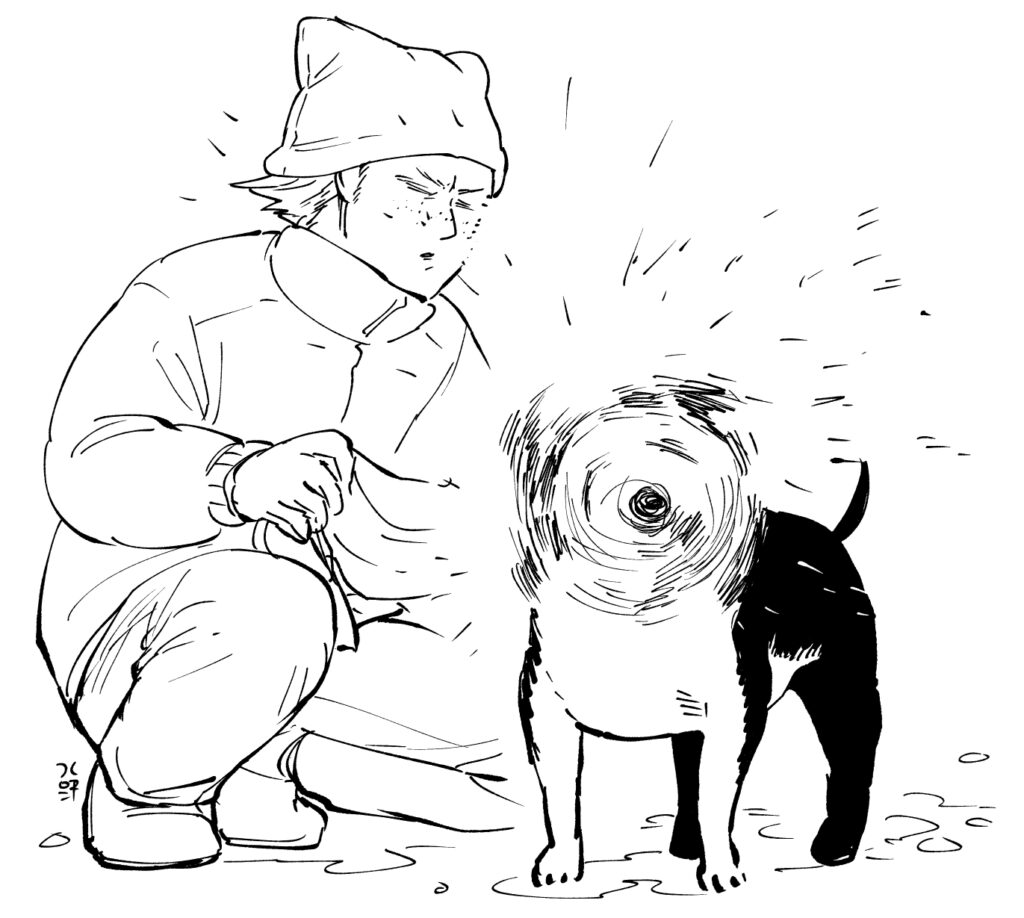 首を振って水滴を飛ばすデイジー。かぶるエズメ。